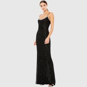 Mac Duggal Black Beaded Spaghetti Strap Column Gown